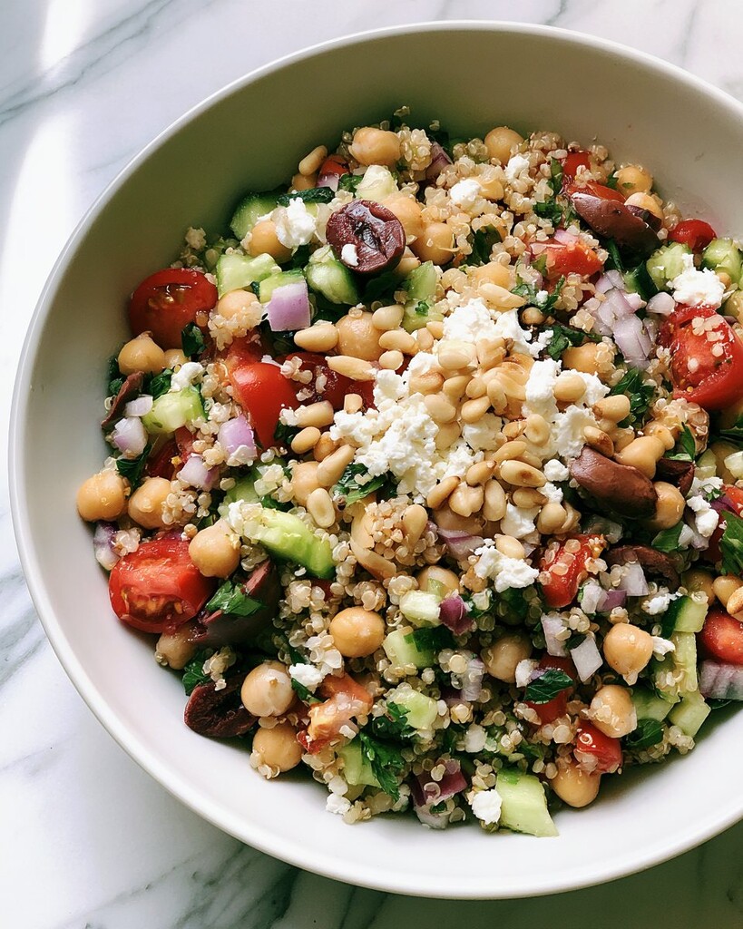 Mediterranean quinoa salad in a white serving bowl garnished with crumbled feta cheese and toasted pine nuts