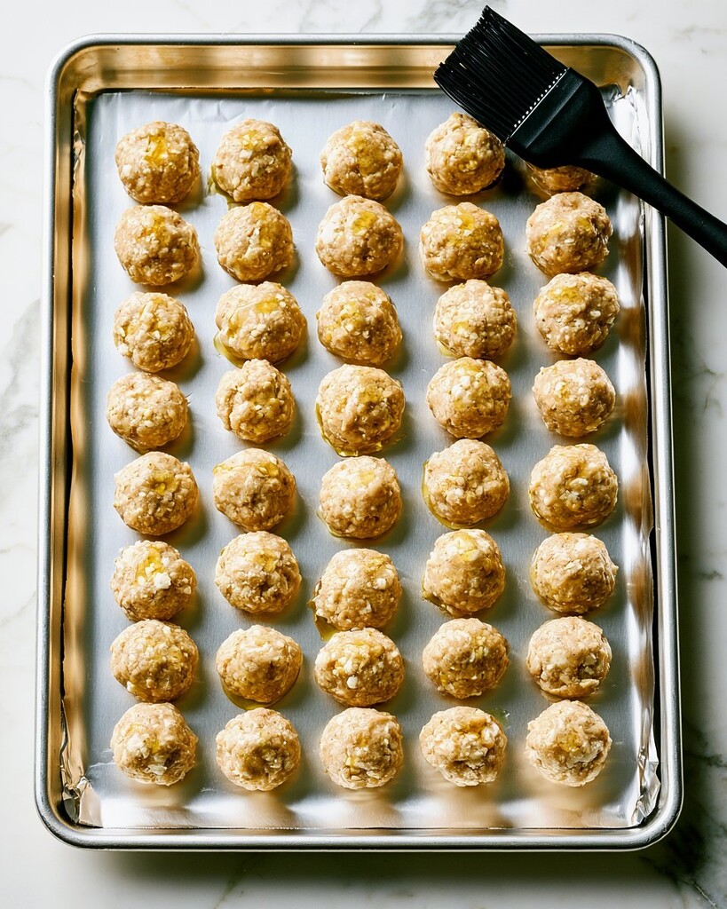 Raw turkey meatballs formed and spaced on an aluminum foil-lined baking sheet next to a basting brush