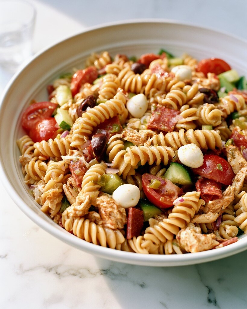 A wide serving dish filled with colorful Italian pasta salad featuring chicken, salami, mozzarella, and crisp vegetables