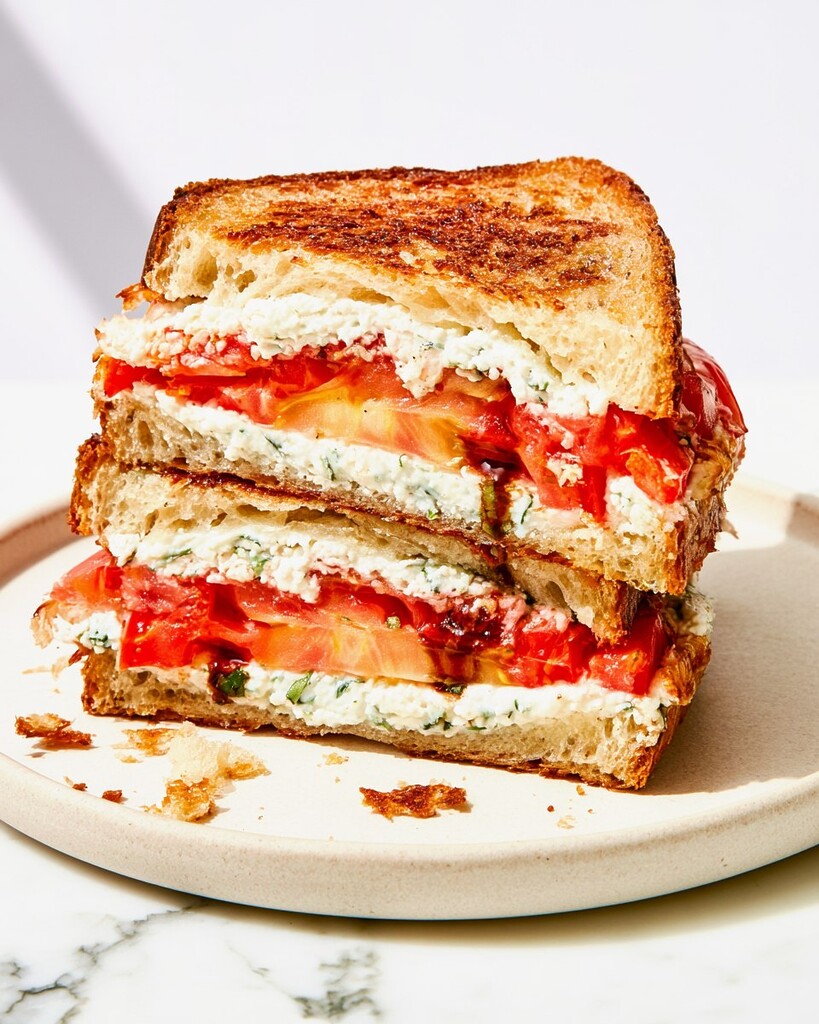 Close-up of a halved tomato sandwich showing thick layers of whipped spread and crispy sourdough edges