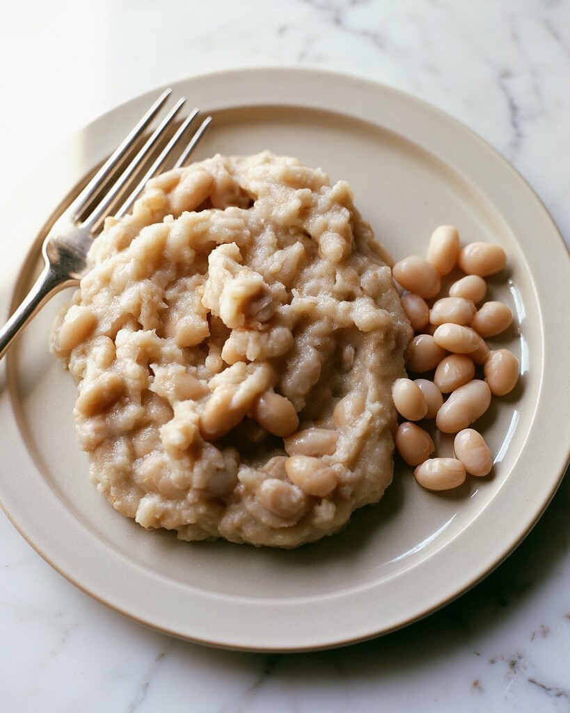 White beans partially mashed with a metal fork on a plate