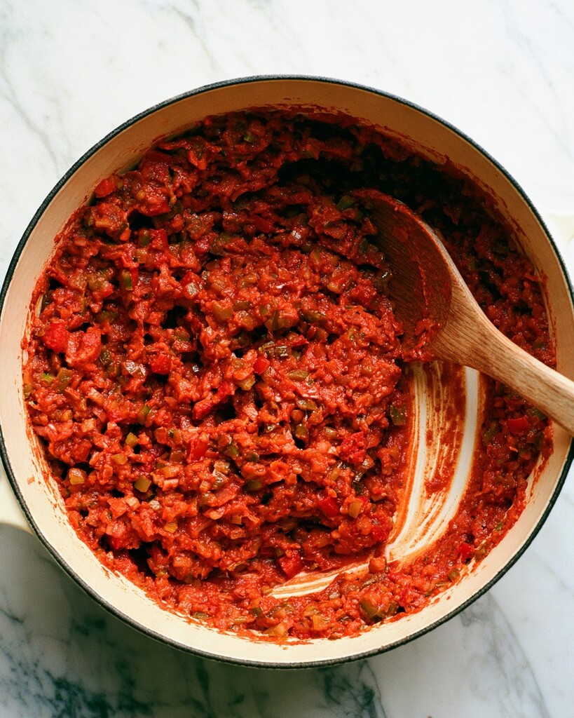 Thick brick-red mixture of vegetables, tomato paste, and flour cooking in a pot