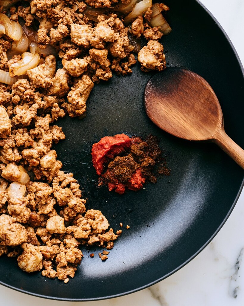Turkey and onion mixture pushed aside in a skillet to toast tomato paste and spices