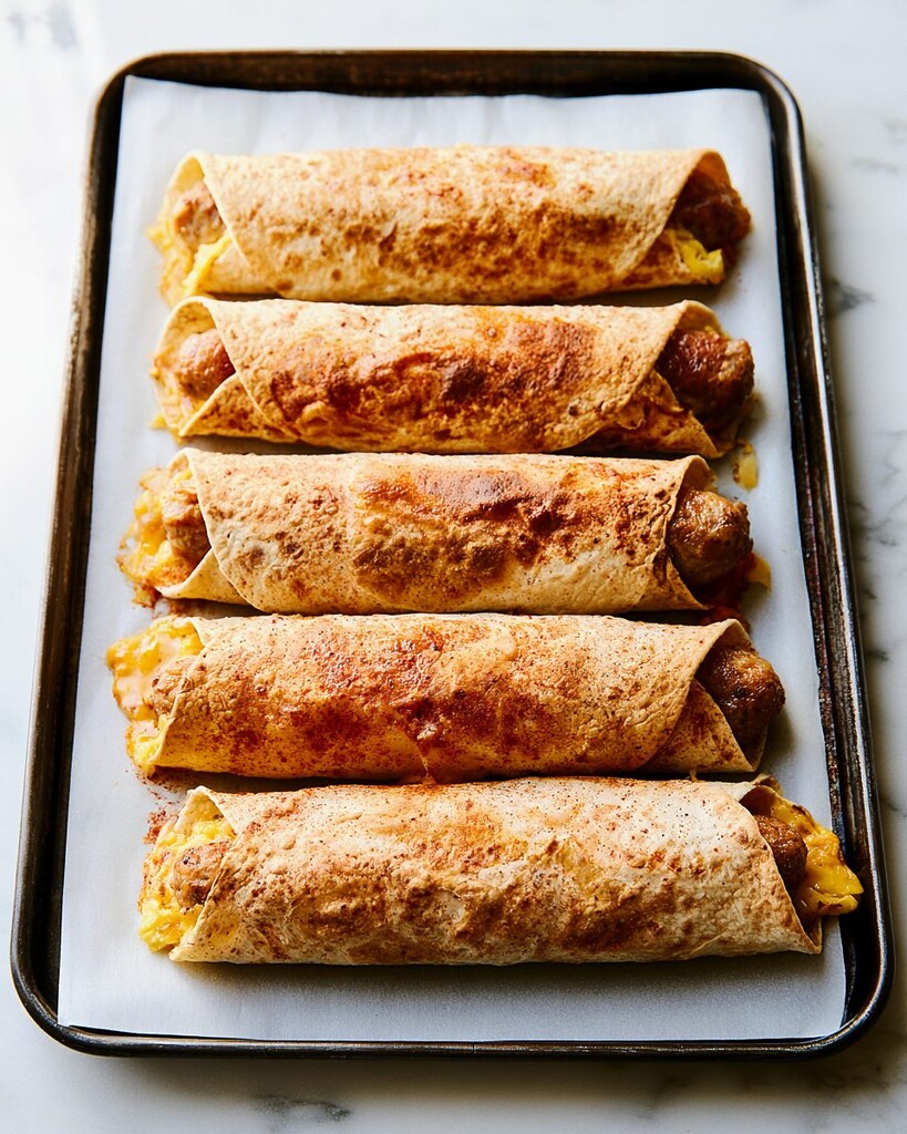 Crispy baked breakfast taquitos resting on a baking sheet with filling visible at the edges