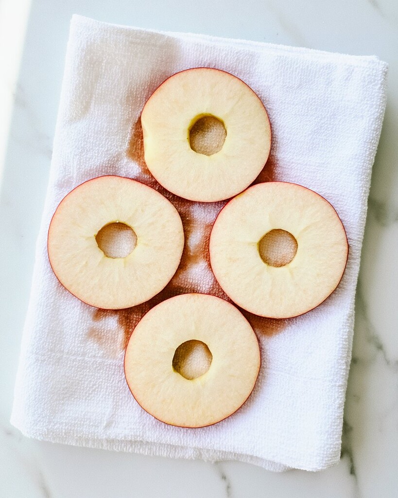 Thick sliced apple rings resting on a white towel to dry