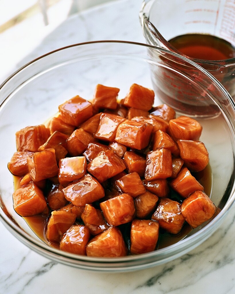 Raw salmon cubes resting in a dark teriyaki marinade inside a glass bowl