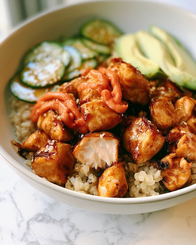 A fork flaking open a piece of cooked glazed salmon inside the finished rice bowl