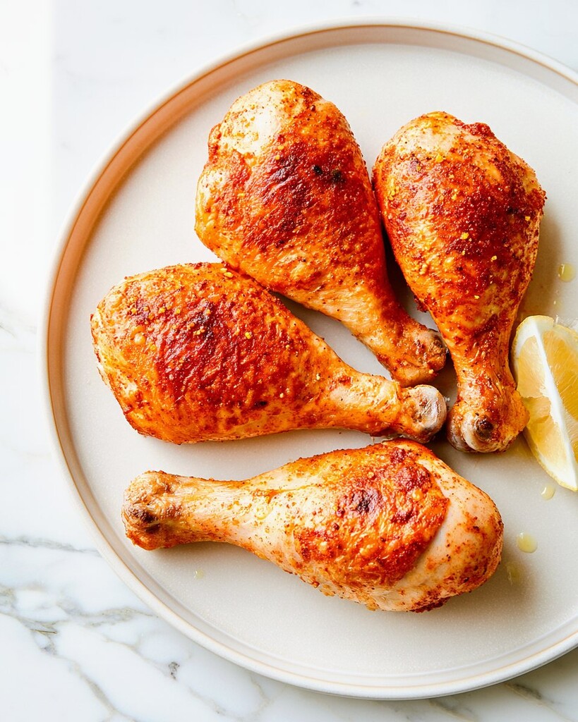 Four crispy baked chicken drumsticks ready to eat on a light serving plate