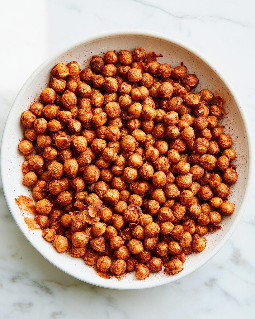Smoky paprika and garlic roasted chickpeas served on a wide white plate with a dark crust