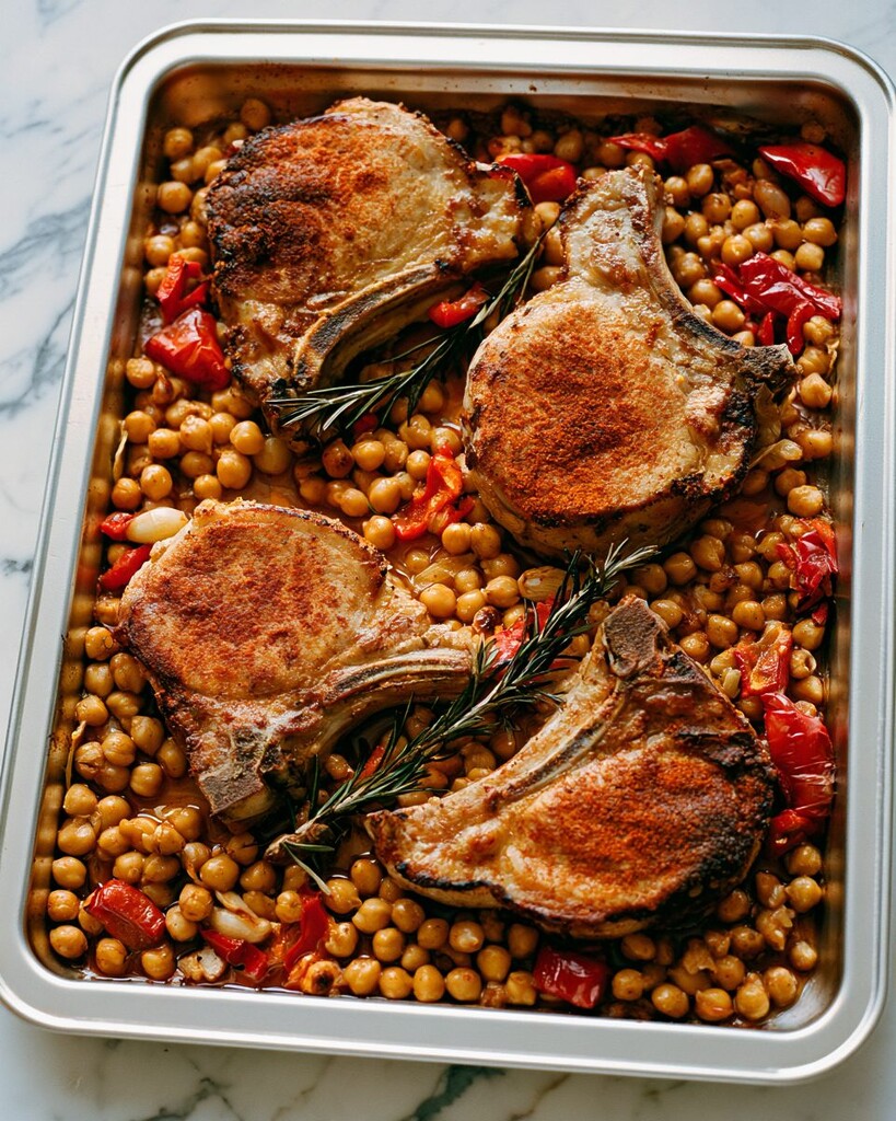 Seasoned pork chops browning in a metal pan over chickpeas, red peppers, and rosemary