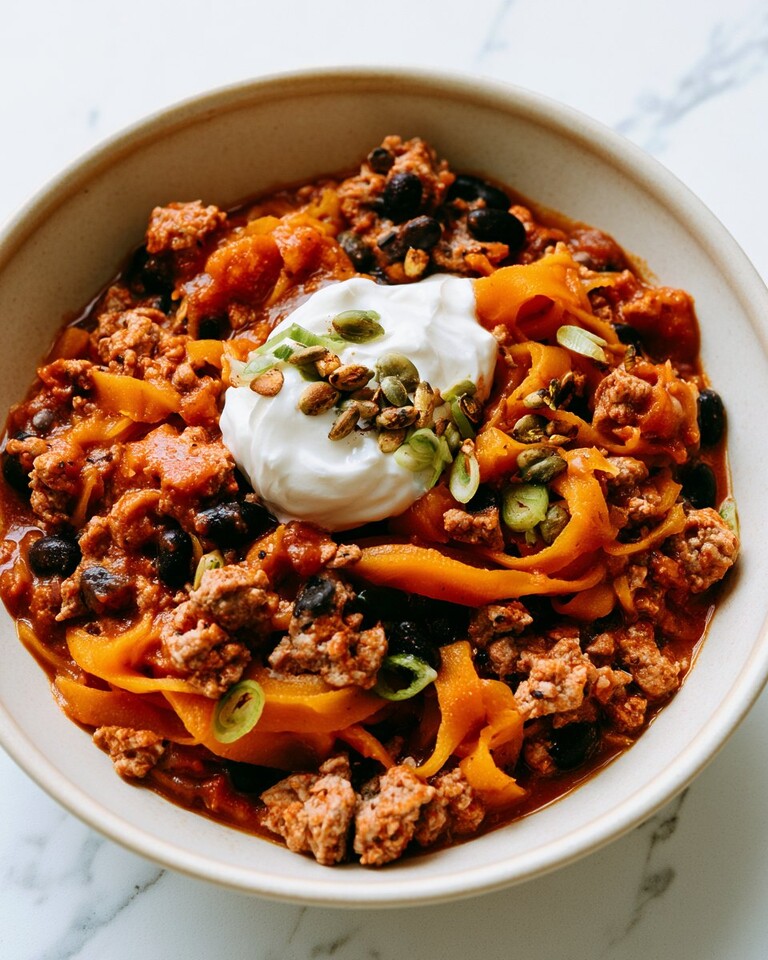 Thick turkey chili mixed with orange butternut squash noodles and black beans, topped with sour cream, pumpkin seeds, and green onions.