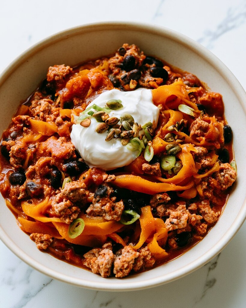 Thick turkey chili mixed with orange butternut squash noodles and black beans, topped with sour cream, pumpkin seeds, and green onions.