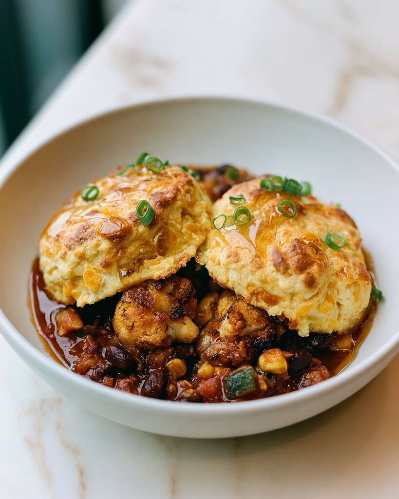 A bowl of cauliflower black bean chili served with two golden cheddar drop biscuits