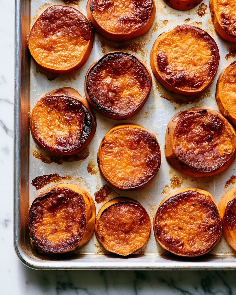 Sweet potato rounds browning on a metal baking sheet with dark caramelized edges
