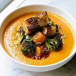 Overhead view of the finished polenta bowl with roasted vegetables and toasted seeds in the center