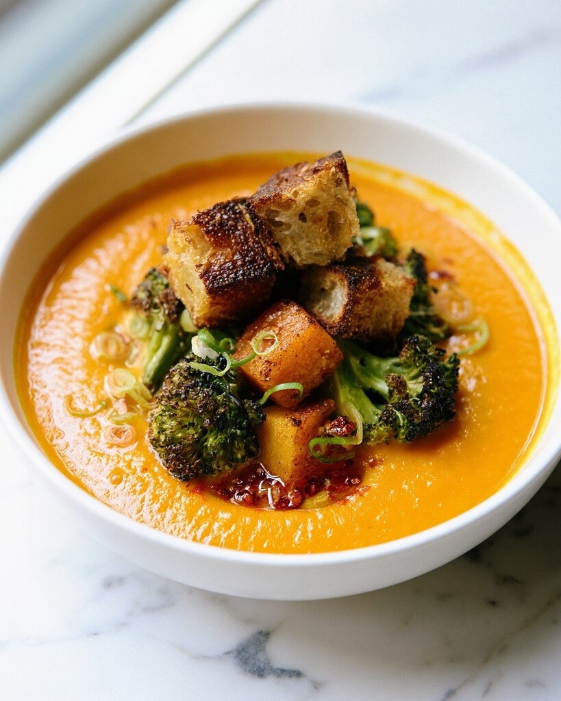 Shallow bowl of creamy orange pumpkin polenta topped with roasted Brussels sprouts, cubed squash, and crispy sage leaves