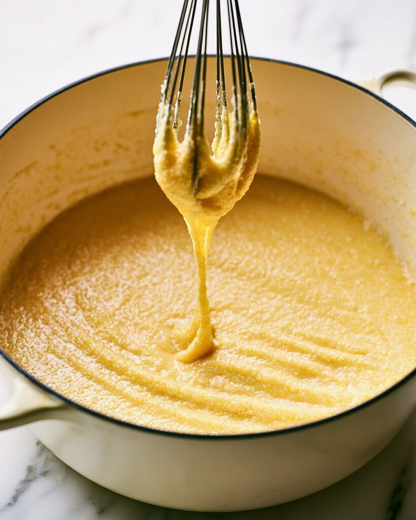 Whisking thick and creamy polenta in a deep saucepan