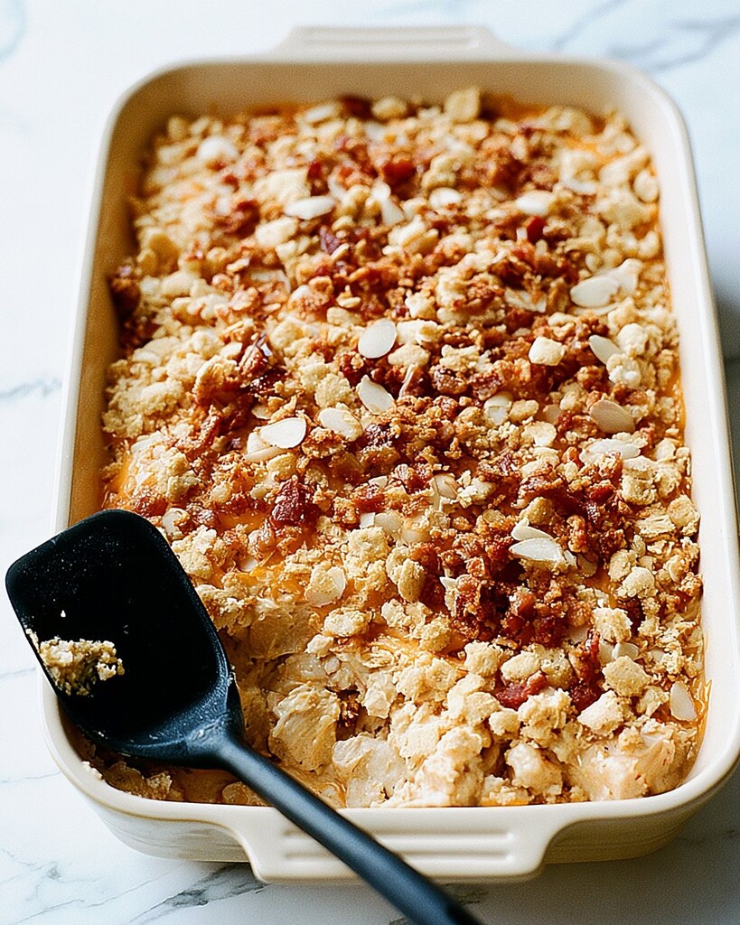 Baked Neiman Marcus chicken casserole in a rectangular dish with a golden brown crust
