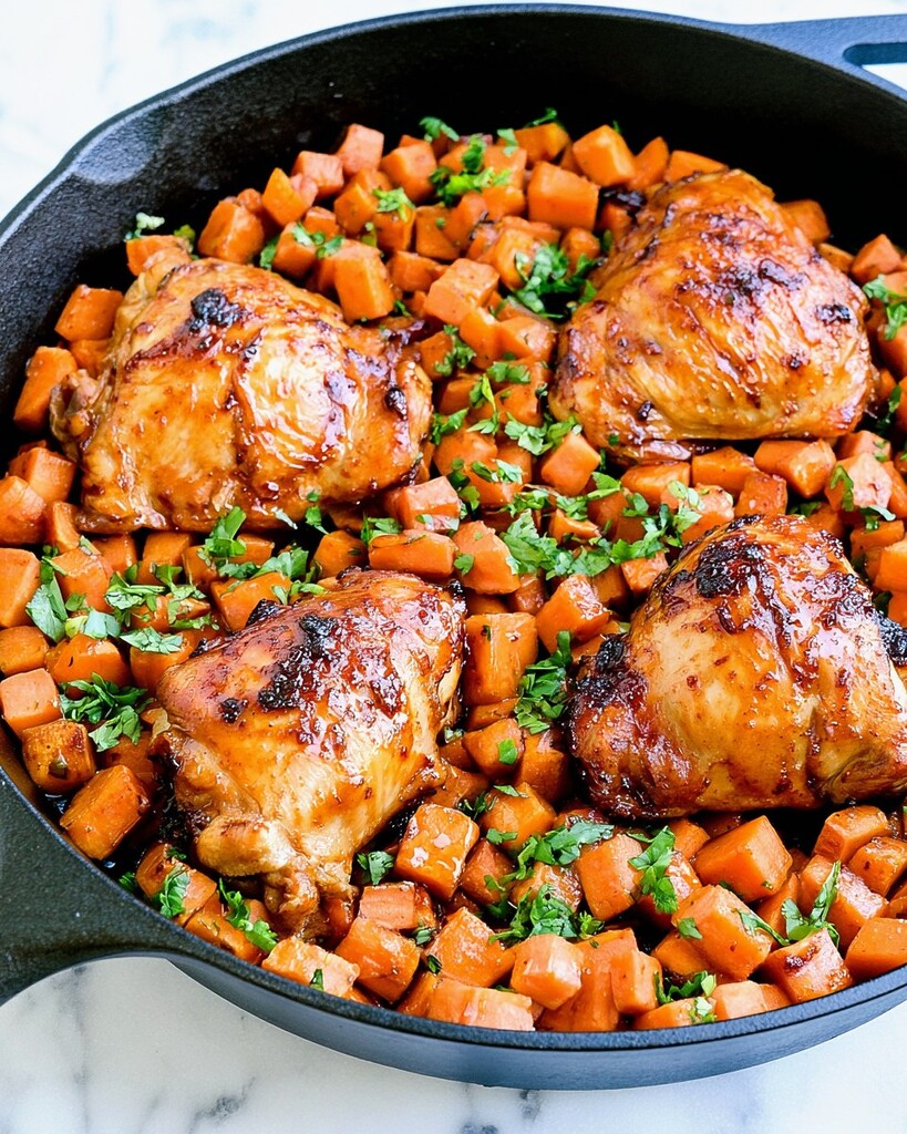 Cooked honey-chipotle chicken thighs coated in a glossy pan glaze over sweet potatoes with chopped cilantro