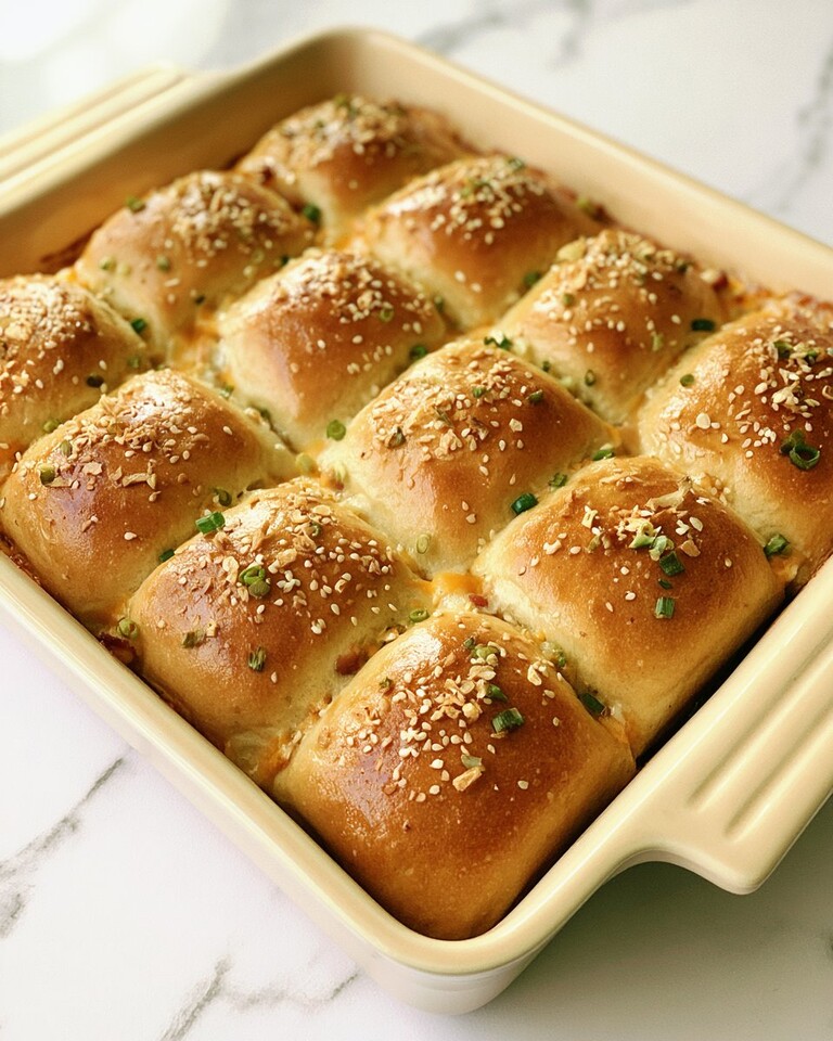 baked crack chicken sliders in a ceramic dish topped with toasted everything bagel seasoning