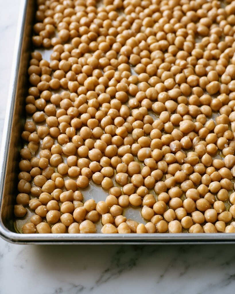 Raw chickpeas coated in oil and spread in a single layer on a metal baking pan