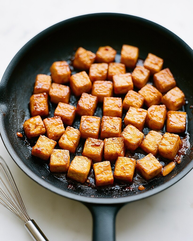 Pan-fried tofu cubes coated in a shiny red-orange glaze inside a skillet