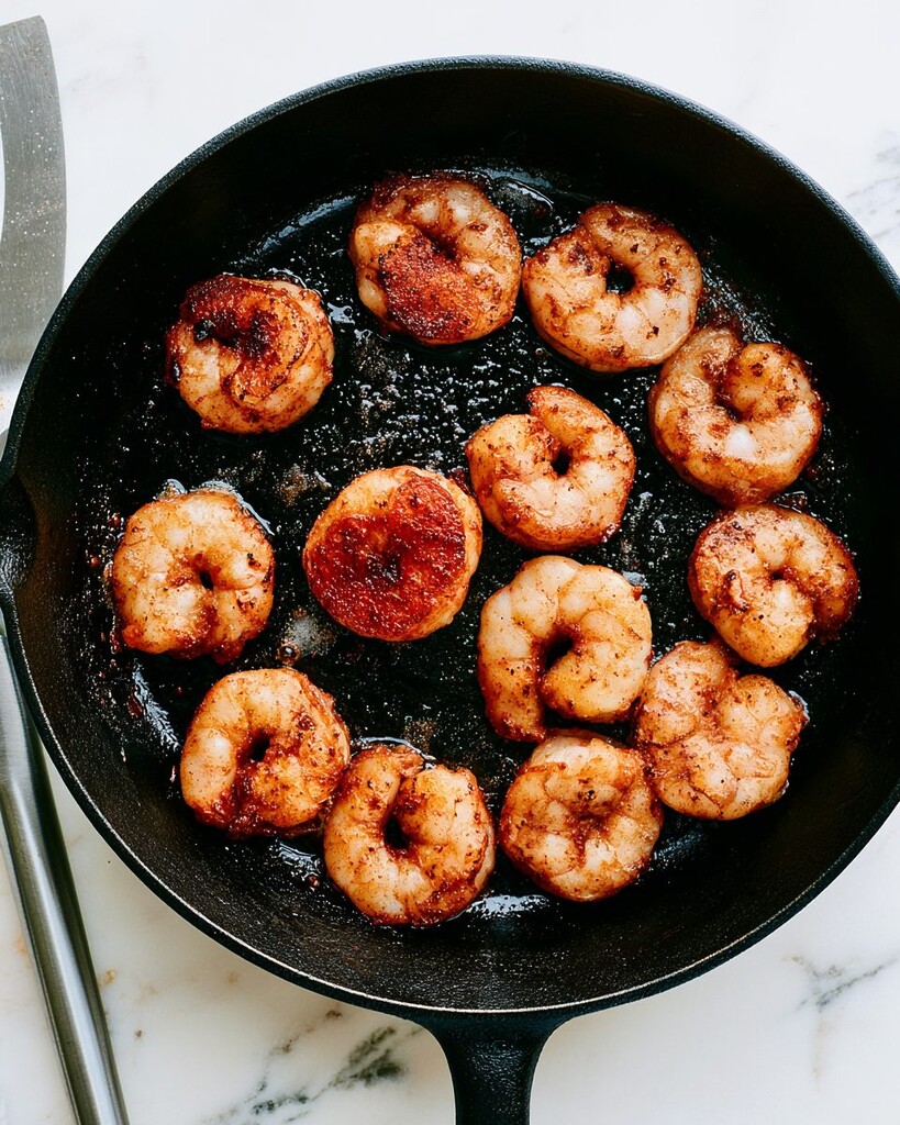 Seasoned shrimp searing in a cast-iron skillet with a browned exterior
