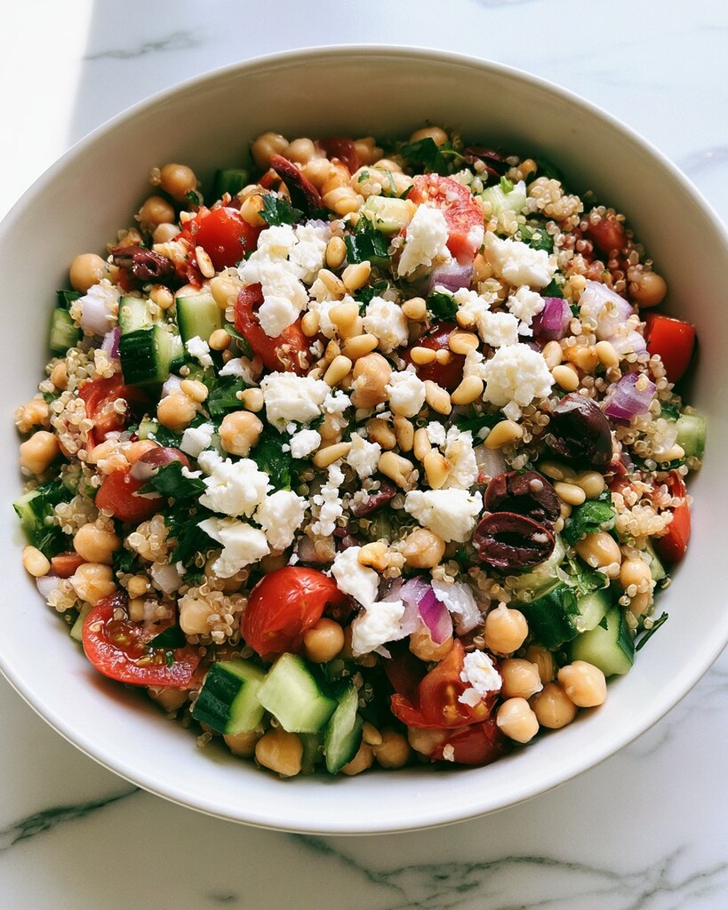 Mediterranean quinoa salad in a deep white bowl with crumbled feta, kalamata olives, and toasted pine nuts