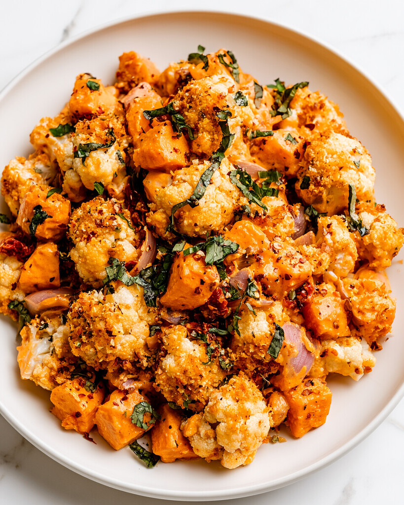 A serving of Marry Me vegetable bake on a white plate showing cream sauce and golden panko over sweet potatoes