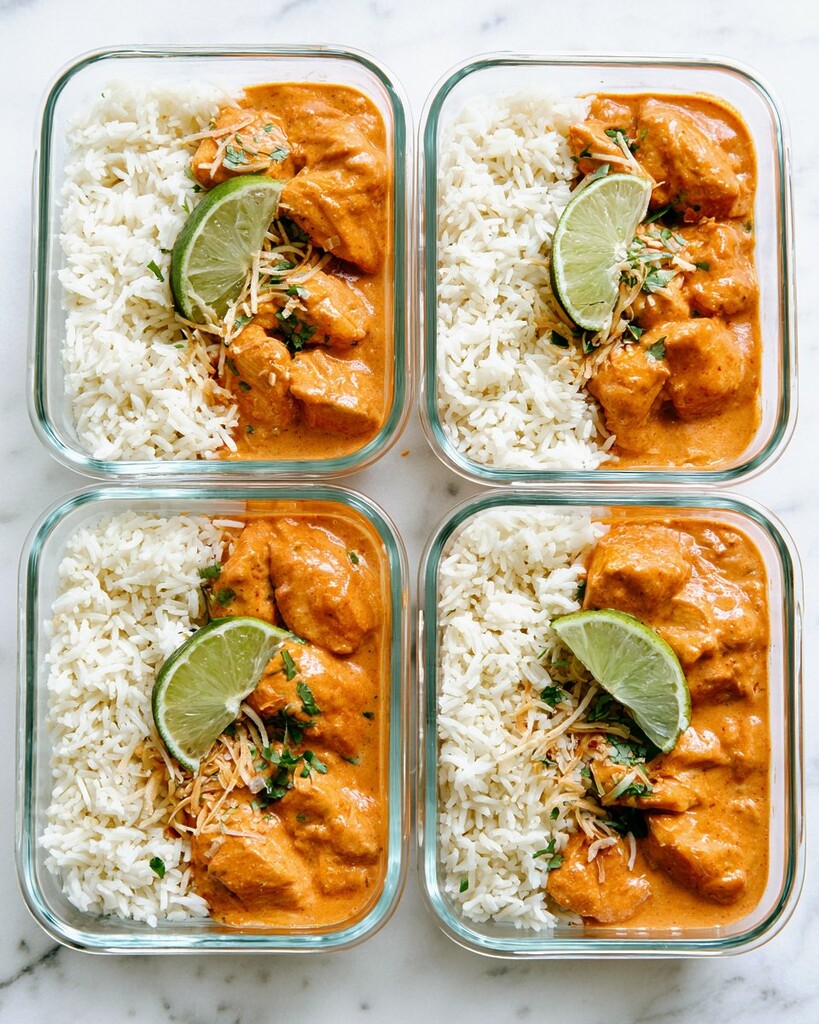 Creamy coconut chicken and rice portioned into four glass meal prep containers