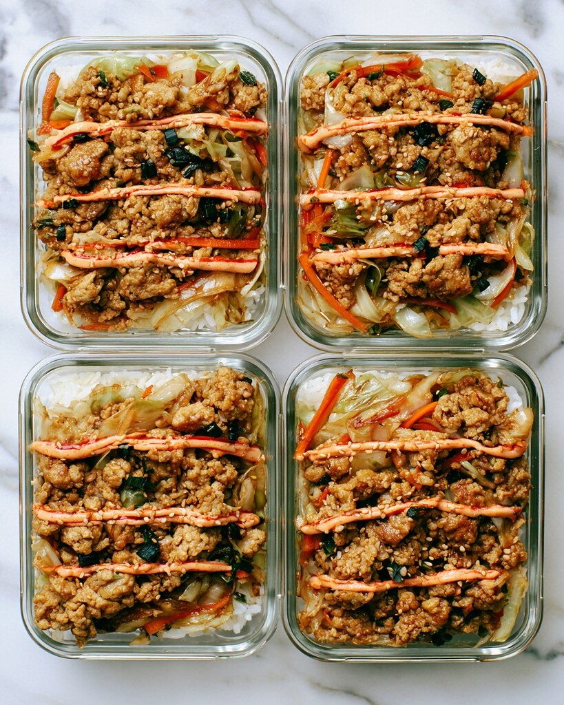 Four glass meal prep containers filled with rice, chicken, and cabbage mixture
