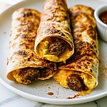 A stack of warm breakfast taquitos on a plate with melted cheese visible