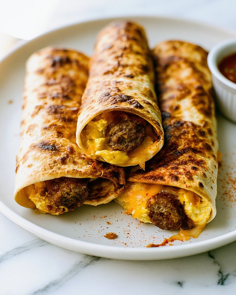A stack of warm breakfast taquitos on a plate with melted cheese visible