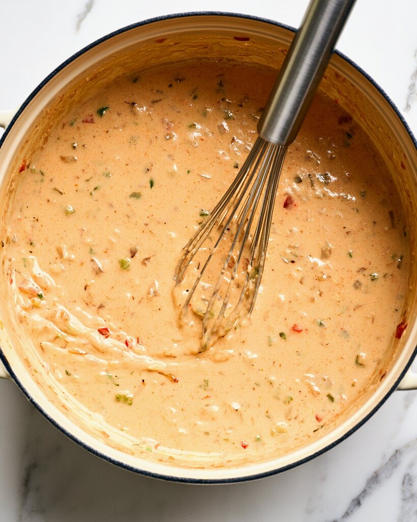 Creamy pale orange broth with small diced vegetables simmering in a pot