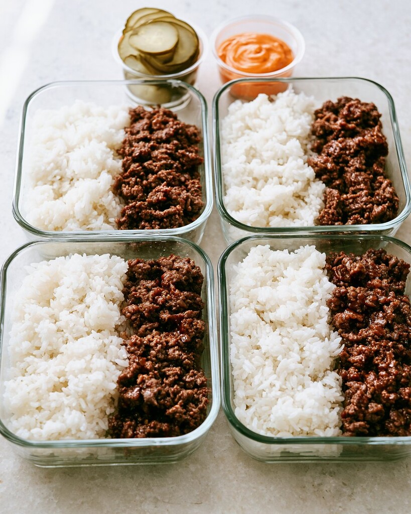 Dividing cooked rice and caramelized ground beef evenly into clear glass containers