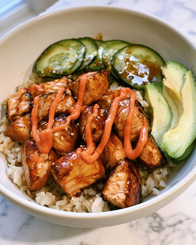 Brown rice bowl topped with glossy salmon chunks and lines of spicy mayonnaise
