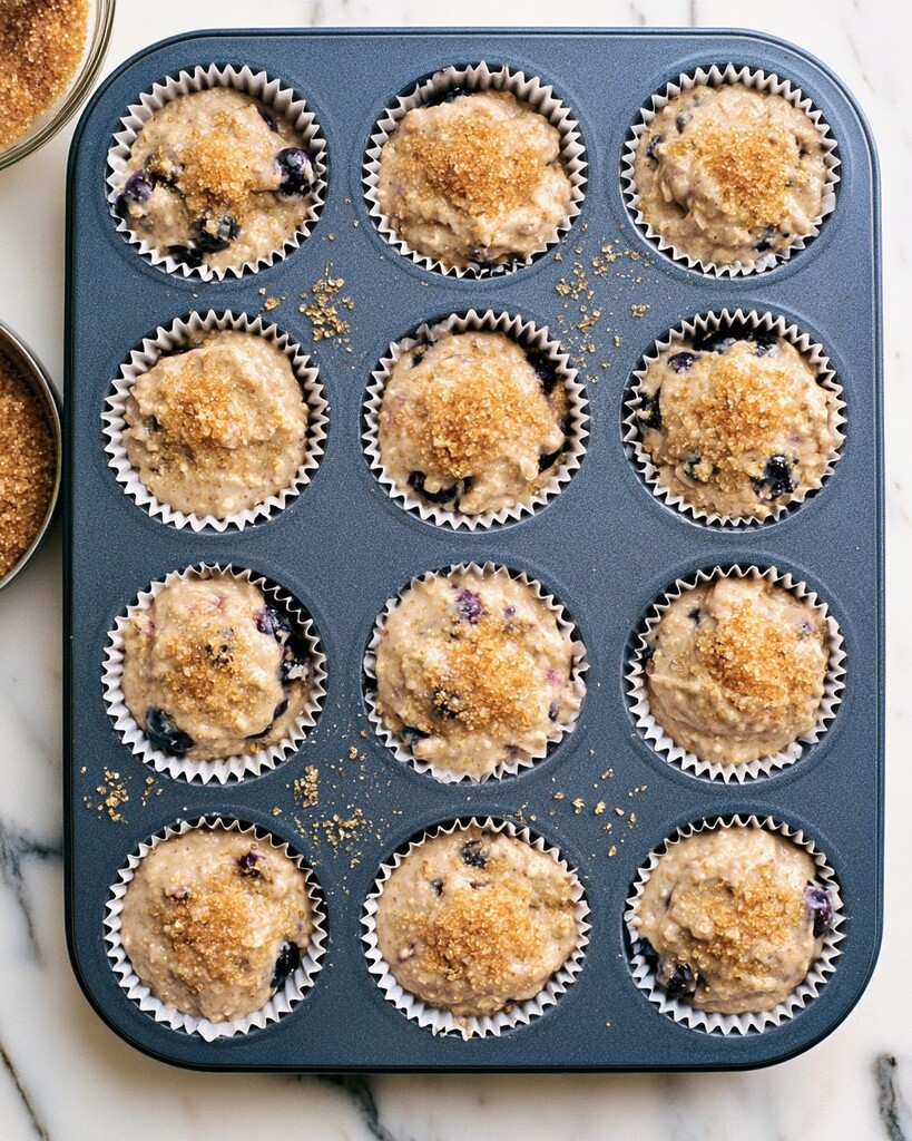 Muffin batter divided into paper liners in a baking tin topped with coarse raw sugar