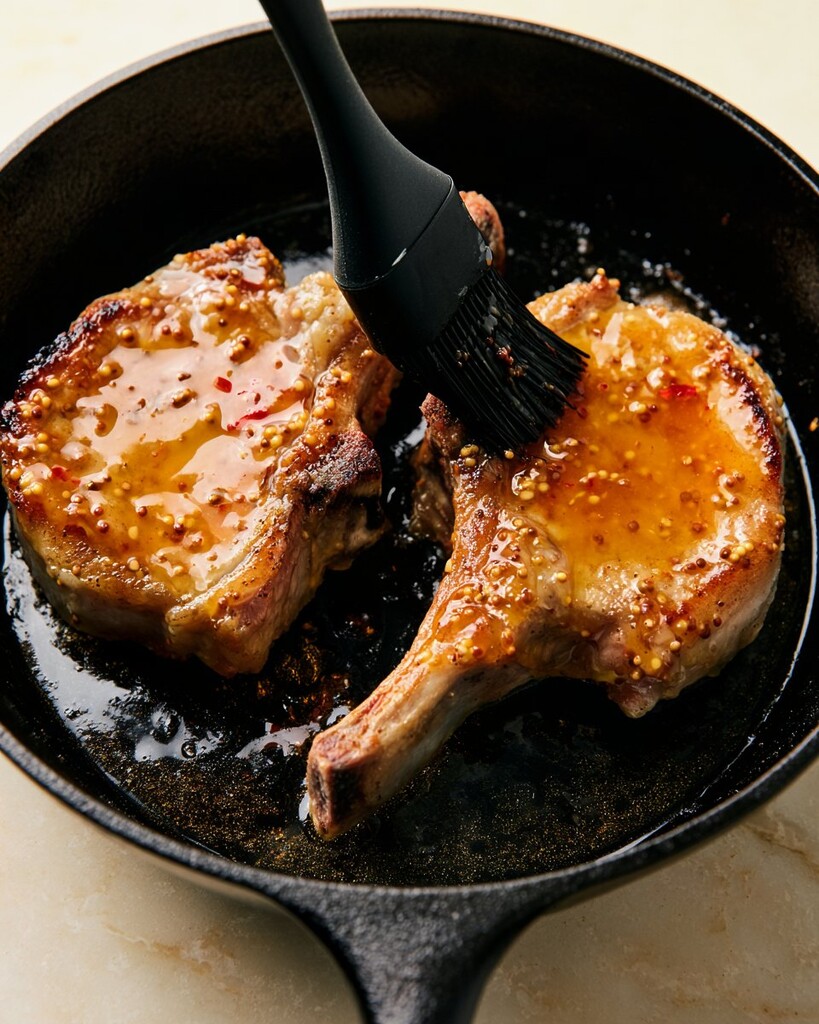 Brushing a glossy liquid glaze onto searing pork chops in a cast iron skillet