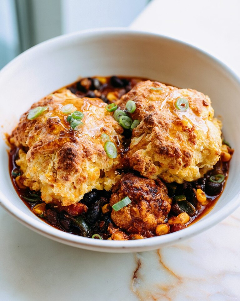 A white bowl filled with roasted cauliflower and black bean chili, topped with two golden cheddar biscuits and sliced green scallions
