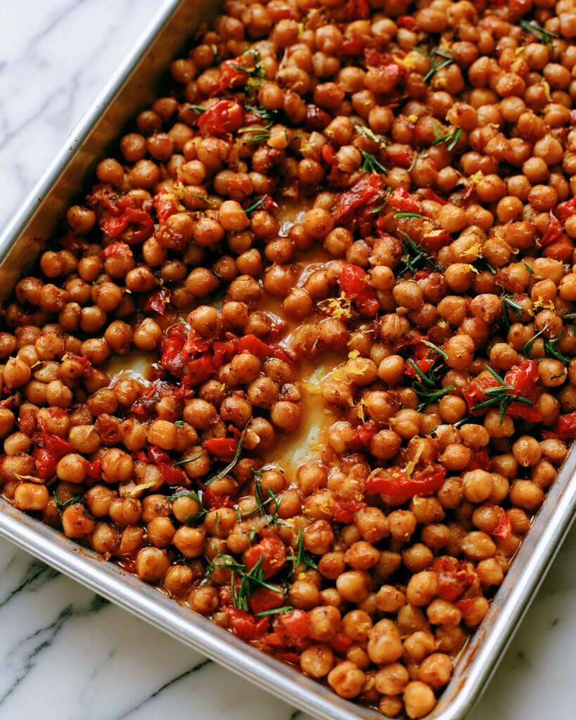 Roasted chickpeas in a metal pan with red peppers, rosemary, and yellow lemon zest