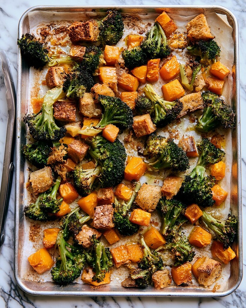 Halved Brussels sprouts and cubed butternut squash roasting on a baking sheet