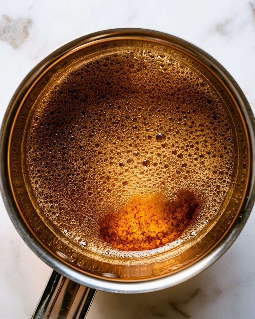 Golden browned butter with a fine foam layer resting inside a small metal saucepan