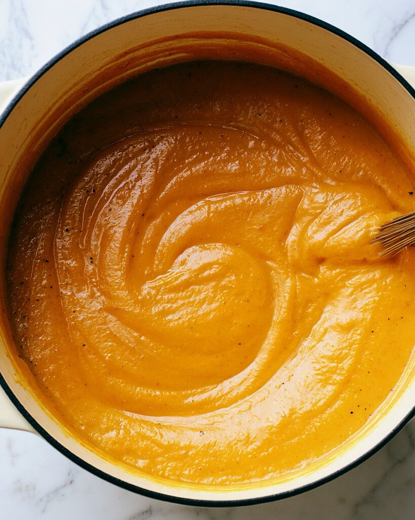 Stirring bright orange pumpkin puree into the cooked cornmeal
