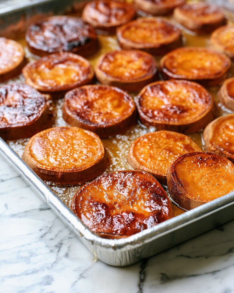Roasted sweet potatoes bubbling in a thin glossy liquid on a metal pan