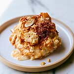 Plated slice of Neiman Marcus chicken casserole showing a creamy filling topped with a golden cracker and almond crust