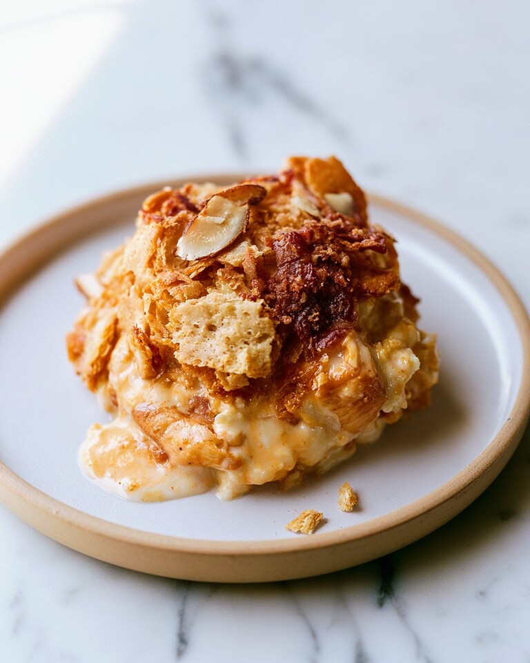 Plated slice of Neiman Marcus chicken casserole showing a creamy filling topped with a golden cracker and almond crust