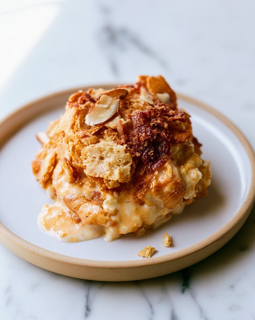 Plated slice of Neiman Marcus chicken casserole showing a creamy filling topped with a golden cracker and almond crust