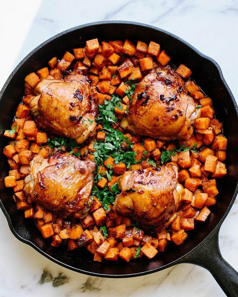 Cast iron skillet filled with glazed honey-chipotle chicken thighs and roasted sweet potatoes, garnished with fresh cilantro and lime wedges