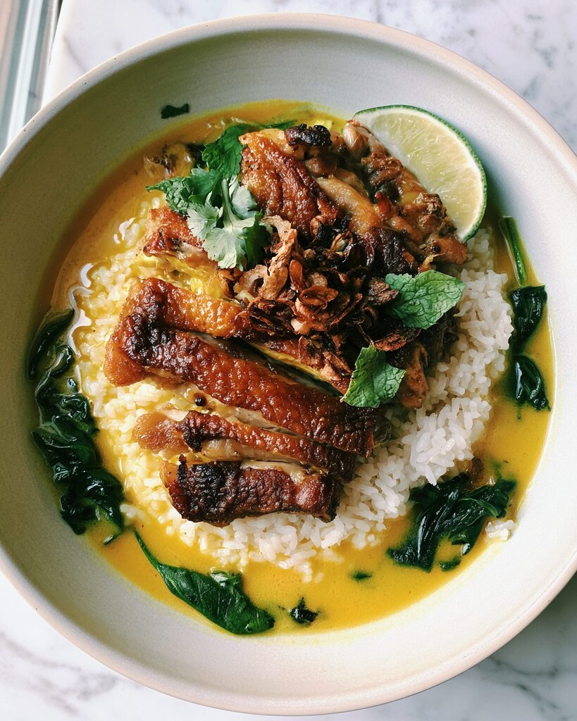 Garnished turmeric-ginger chicken bowl with crispy shallots, fresh herbs, and a lime wedge