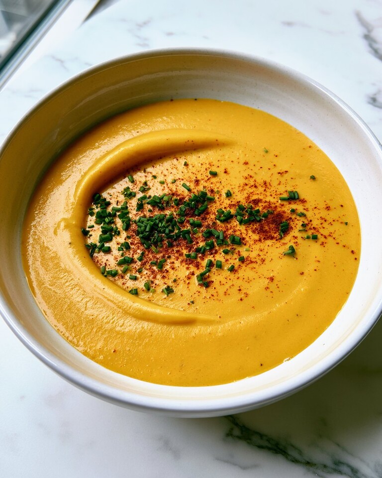 Thick velvety cheddar cheese sauce in a light bowl garnished with fresh chives and smoked paprika